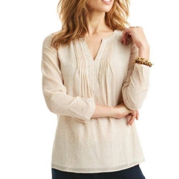 VINEYARD VINES Silk Pinktuck Blouse Top Cream w/ Tan Polka Dots XL - Picture 1 of 15